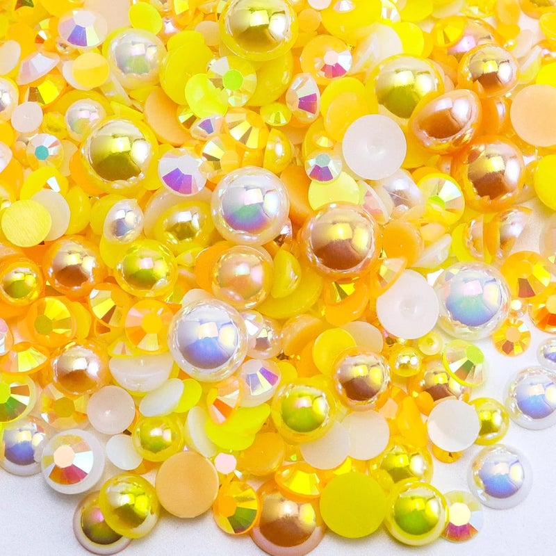 Briskbloom 60g Mix Flatback Pearls and Rhinestones for Crafts, 2mm-10mm Pearl Rhinestones for Nails Face Art Tumblers, Jelly Rhinestones and Half Pearls, with Tweezers Wax Pen, Yellow|White|Orange - Image 1